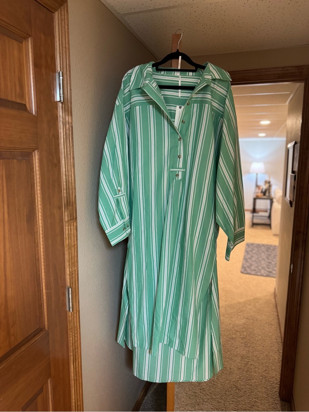 Anthropologie Green and White Striped Maxi Shirt Dress